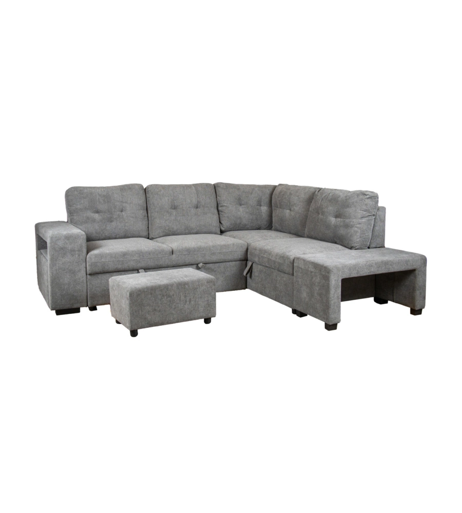 DIVANO LETTO CON PENISOLA A DESTRA BELLAHOME "GAIA" TESSUTO GRIGIO CON POUF E CONTENITORI, 254X83/194X88 CM